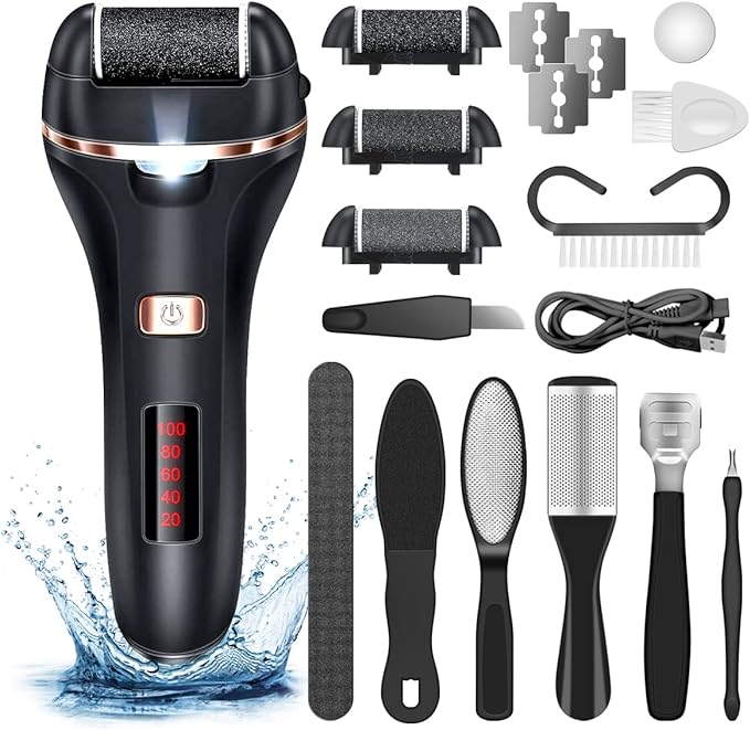 Electric Callus Remover for Feet,Rechargeable Foot File Hard Skin Remover,Waterproof 14 in1 Professional Pedicure Kit for Cracked Heels &Dead Skin,with 3 Roller Heads 2 Speed