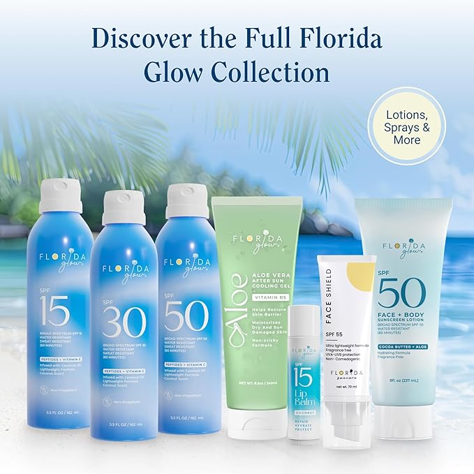 Florida Glow SPF 15 Sunscreen Spray - Hawaii 104 Reef Act & Florida Keys Compliant, Broad Spectrum, Water Resistant - Sun screen protector for face and body, PABA-Free & Oxybenzone Free (5.5 Fl Oz)