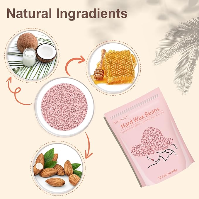 Hard Wax Beads for Hair Removal, Yovanpur 10.5oz Wax Beans for Sensitive Skin and Brazilian Waxing with 10pcs Wax Sticks (Cherry-Blossom)
