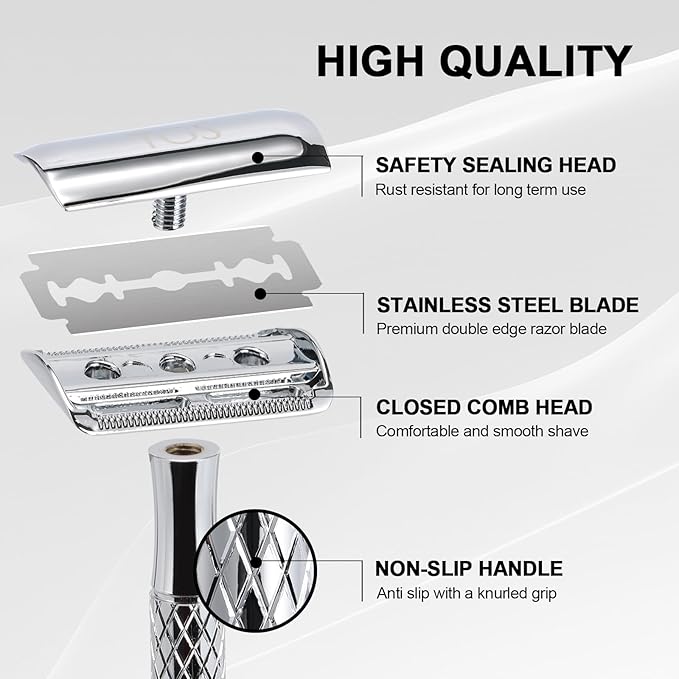 Double Edge Safety Razor for Men with Stand and Silicone Cover - Durable Metal Eco-Friendly Single Blade Safety Razor with 10 Blades- Closed Smooth Shave (Silver)