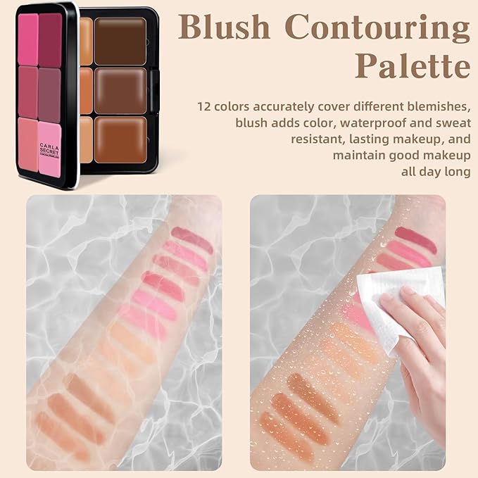Cream Blush & Concealer Palette, 12 Colors, Long Wearing, Smudge Proof, Blendable Matte Finish, Face Makeup (02)