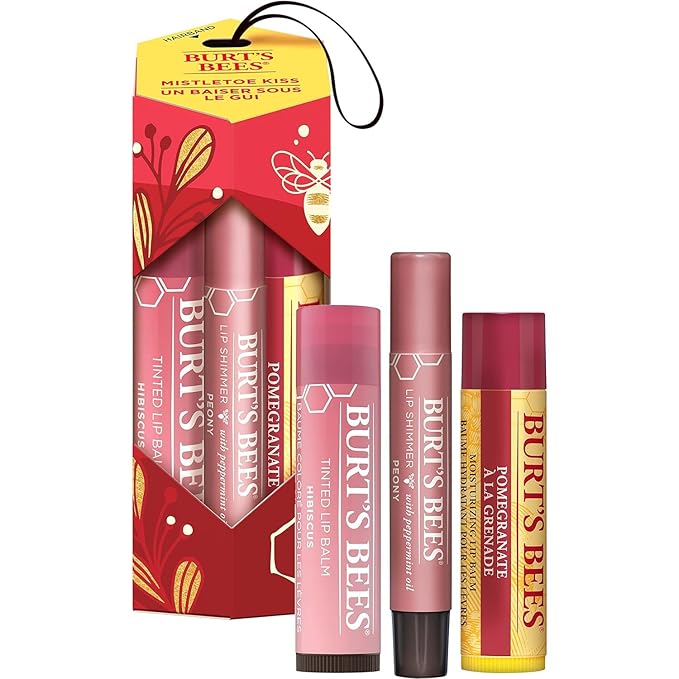 Burt's Bees Mistletoe Kiss Lip Care Stocking Stuffers Holiday Gift Set, Mistletoe Kiss Set, Pomegranate, Peony & Hibiscus