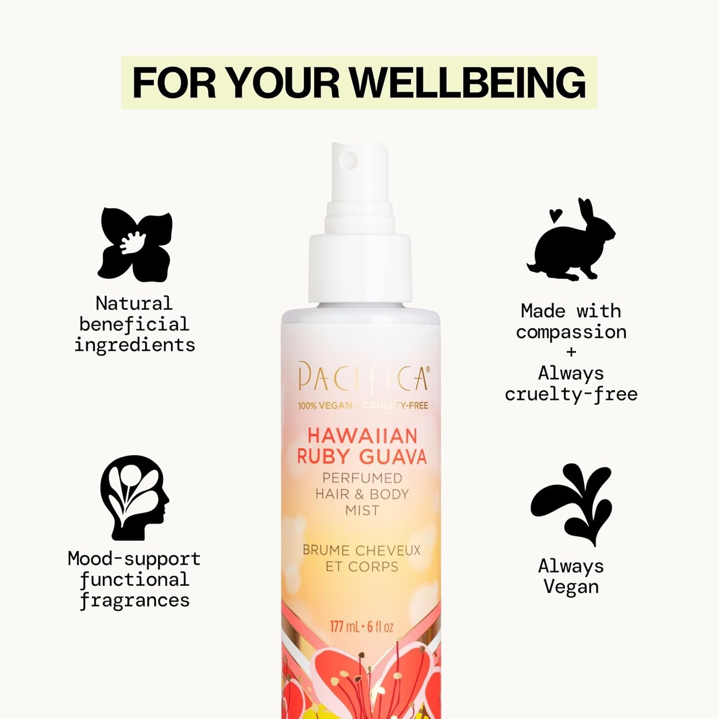 Pacifica Hawaiian Ruby Guava Hair Perfume & Body Fragrance Spray Mist - Body Mist Fragrance w/ Grapefruit, Patchouli, Sugar Notes & Geranium Clean Beauty Alcohol-Free, Vegan & Cruelty-Free, 6 oz