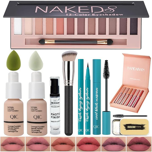 All In One Makeup Kit Full Kit,12 Colors Eyeshadow Palette,6 Colors Lipstick Set,2Full Coverage Foundation,Primer, Eyebrow Soap,Waterproof Eyeliner and Mascara(102 Nude +103 Warm peach+Shimmer Shadow)