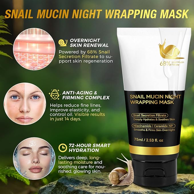 9000PPM Snail Mucin Overnight Wrapping Peel Off Mask for Intensive Hydrating, Skin Barrier Repairing, Reducing Sagging/Wrinkles/Fine Lines, 2.53 Oz/75 ML