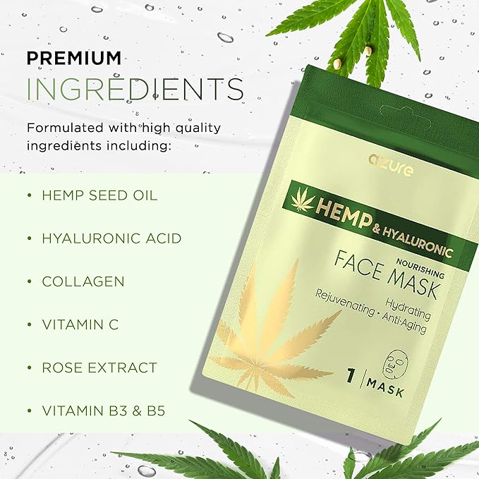 Azure Cosmetics Hemp Oil & Hyaluronic Acid Nourishing Facial Sheet - Anti Aging, Rejuvenating & Deeply Hydrating Mask - Reduces Fine Lines & Wrinkles, Locks in Moisture - Korean Skin Care - Pack of 5