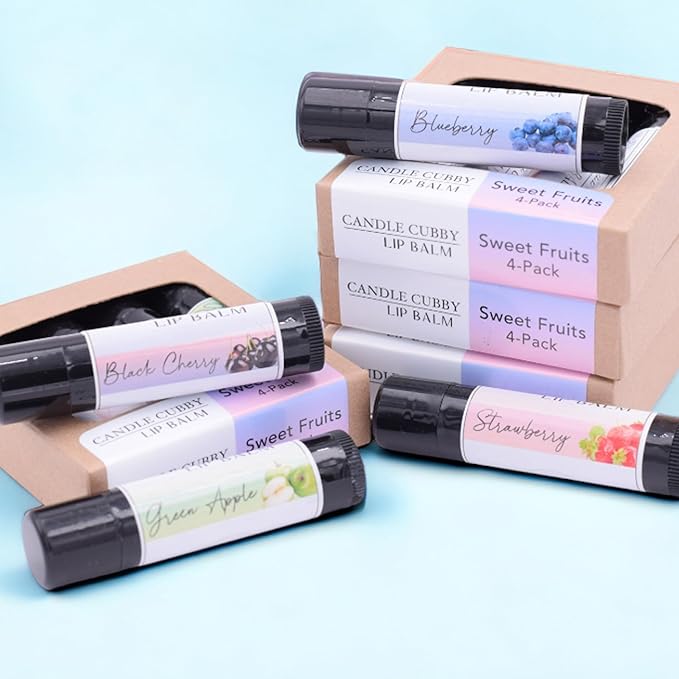 Lip Balm Sweet Fruits 4-Pack, Strawberry Blueberry Black Cherry Green Apple, Natural Beeswax, Moisturizing Lip Treatment, 4 Tubes, 0.15 oz., White