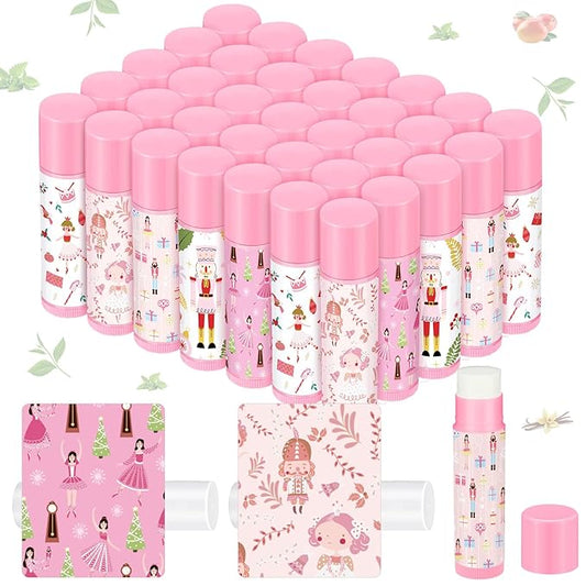 Dunzy 50 Pcs Christmas Lip Balm Gifts Bulk Pink Christmas Nutcracker Themed Lip Balm Xmas Lip Moisturize for Lip Care Xmas Holiday Party Stocking Stuffers, 5 Flavors