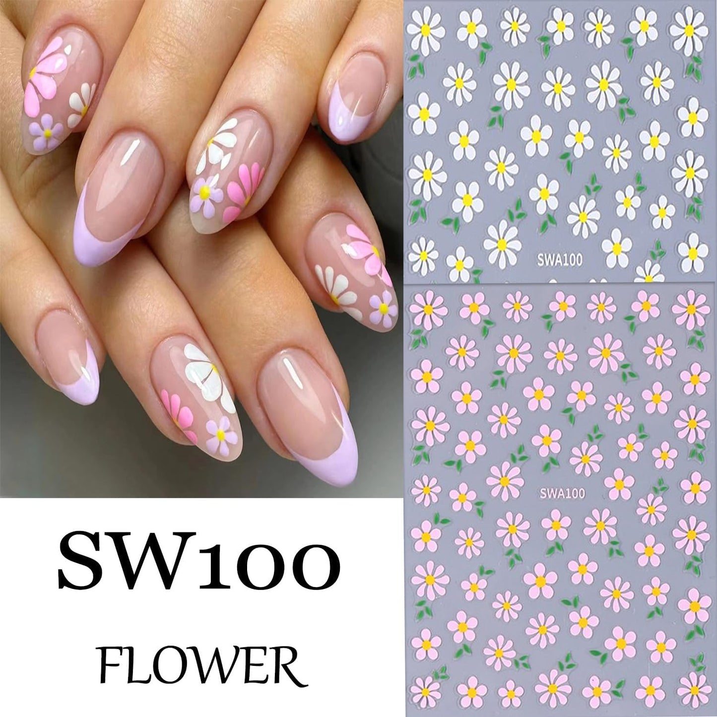 6 Sheets Flower Nail Art Stickers Daisy Nail Art Decals 3D Self-Adhesive Spring Nails Sticker Holographic Pink Blue White Blossom Nails Decal Decoration for Women Floral Manicure Supplies