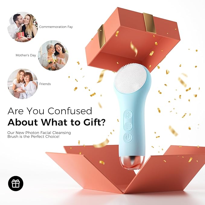 Facial Cleansing Brush: Rechargeable LED Electric Face Cleansing Brush with 4 Gentle Light Liquid Silicone Modes Face Scrubber Exfoliator,IPX7 Waterproof Ideal Gift for Men and Women-Blue