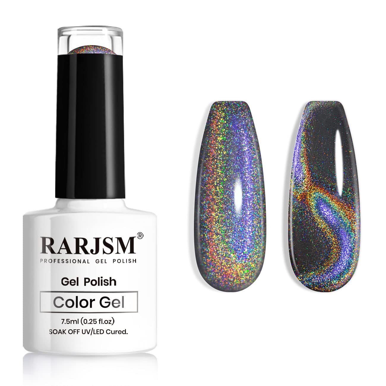 RARJSM Cat Eye Gel Nail Polish, Galaxy Chameleon Magnetic Gelpolish Black Holographic Glitter Gel Soak Off UV LED DIY Manicure Art for Salon Designs and Home DIY 7.5ML/0.26fl oz