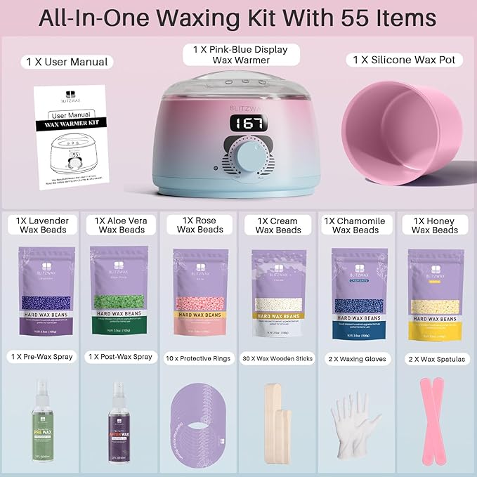 BLITZWAX Brazilian and Bikini Waxing Kit for Women, Hard Wax Warmer for Face, Legs and Body, At Home Hair Removal Kit, Beginner Friendly, Quick Heating, Pink and Blue Gradient Color