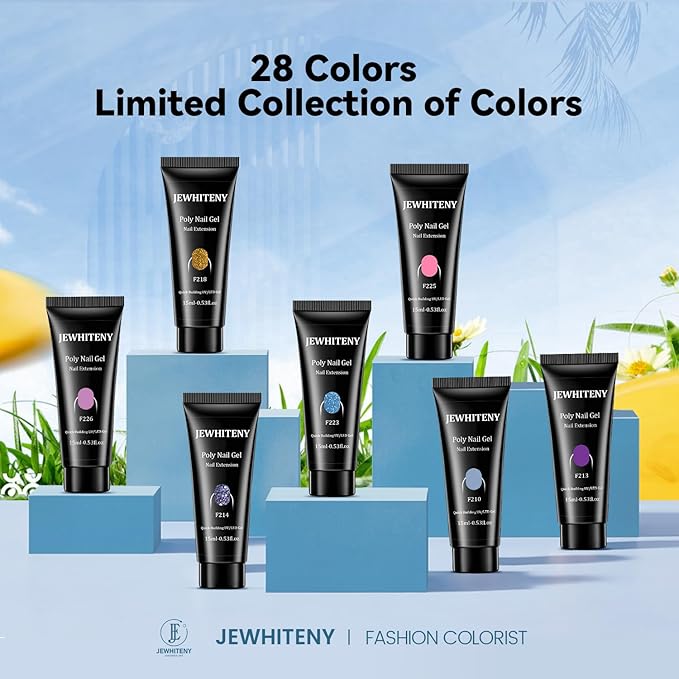 JEWHITENY 28 Colors Poly Nail Gel Set - 15ml Nude Pink Brown Black Grey Blue Yellow Tones for French Manicure DIY Nail Art Salon & Home Use Holiday Gift