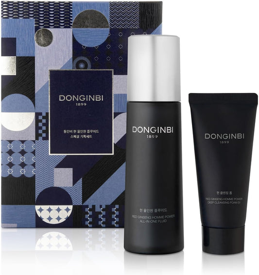 Donginbi Red Ginseng Homme All-in-One Special Set - Hydrating Korean Red Ginseng Essence(4.06 floz), Glycolic & Squalane Acid Face Wash, AHA Exfoliant, Korean Skin Care Set Gifts for Men