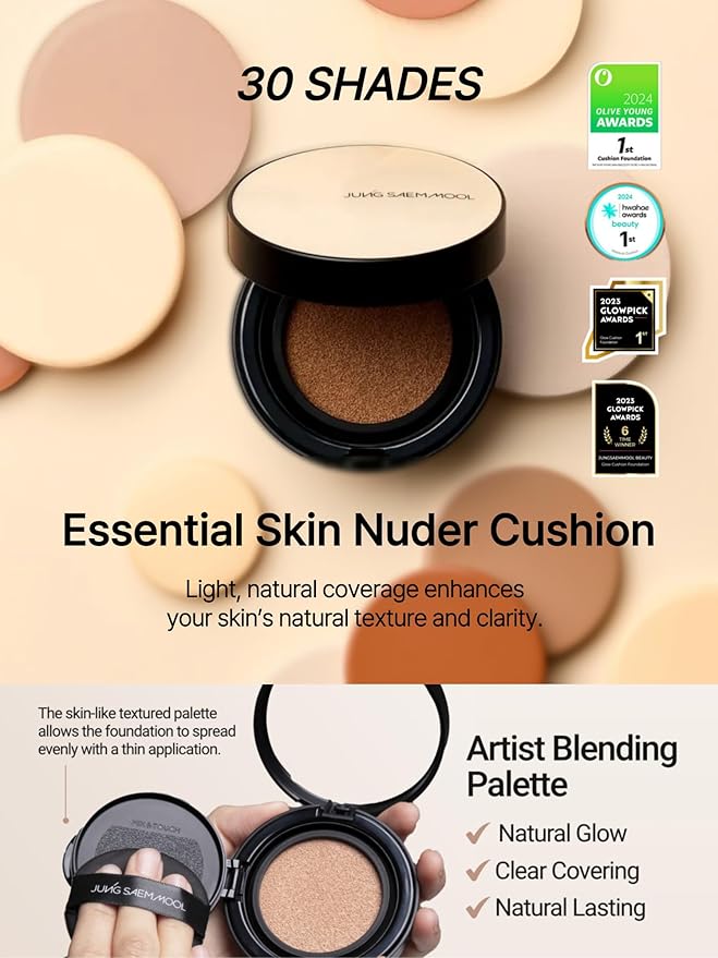 JUNG SAEM MOOL Essential Skin Nuder Cushion 13W Fair Ivory 0.49 Fl Oz, No Refill, Natural Radiant Finish Cushion Foundation with Buildable Coverage, Lightweight Texture, Korean Foundation Makeup
