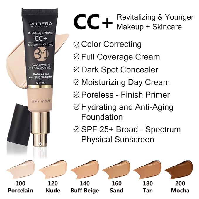 PHOERA Foundation,PHOERA CC Cream Foundation Color Correcting Anti Aging Hydrating Serum &SPF 25+,PHOERA Primer, PHOERA Makeup Foundation, Makeup Brushes (102 Nude+140 Buff Beige CC Cream)