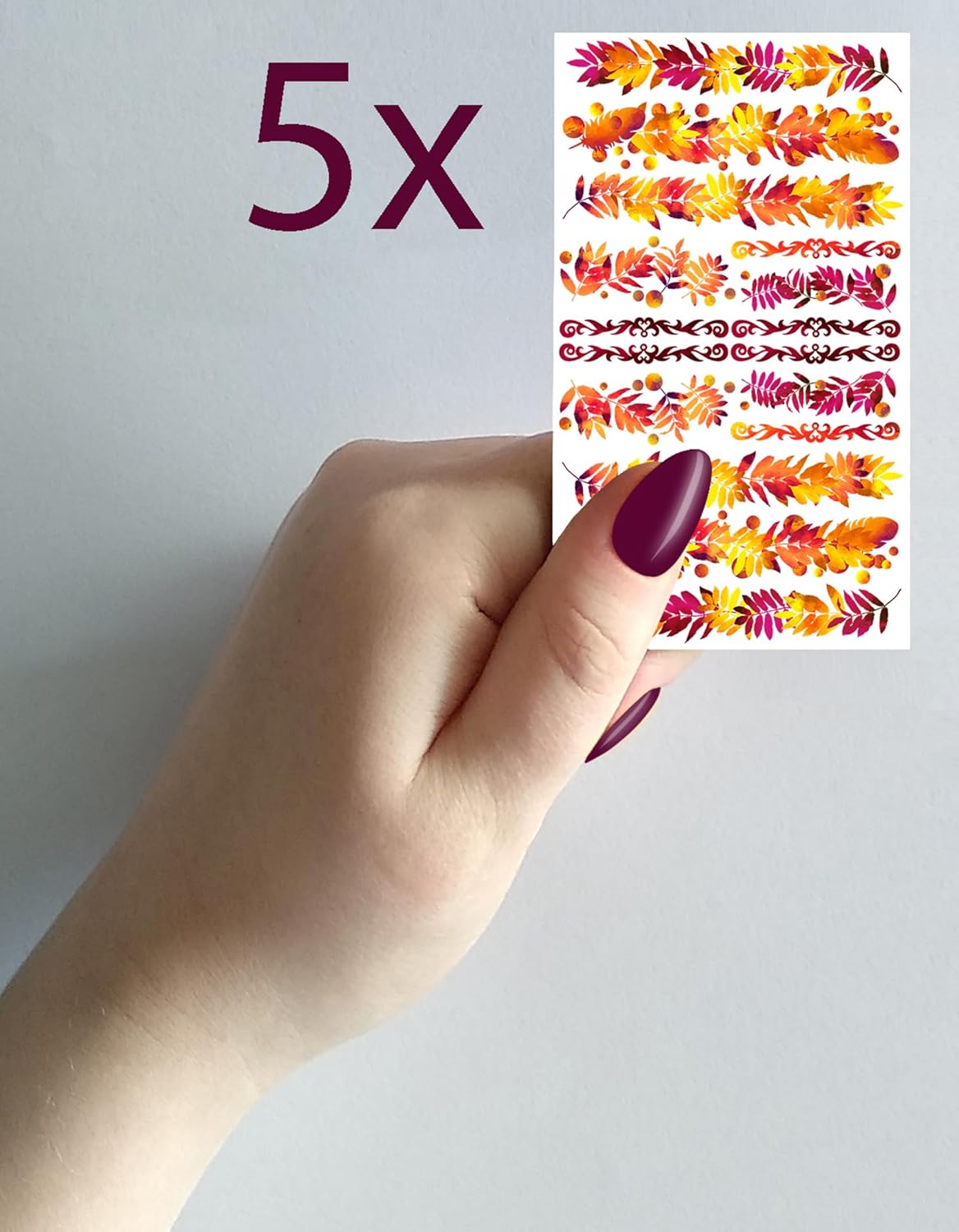 Nail Stickers Decals (5 Sheets) FLONZNAIL Autumn Bright Leaves Branches Pattern Strips Vintage Illustration Nail Décor