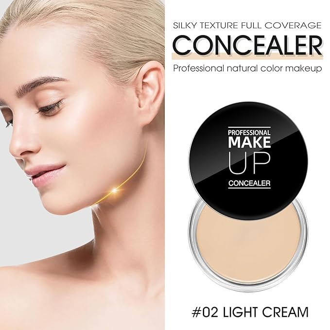 Cream Concealer Full Coverage Makeup, Matte Color Correcting Concealer with Brush, Waterproof, Conceals Blemish, Pores and Spots, Under Eye Makeup Concealer for Dark Circles (#02 LIGHT CREAM)