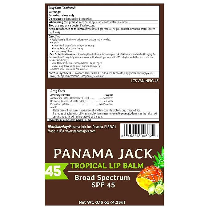 Panama Jack Sunscreen Lip Balm - SPF 45, Broad Spectrum UVA-UVB Sunscreen Protection, Prevents & Soothes Dry, Chapped Lips, Tropical, 2-pack