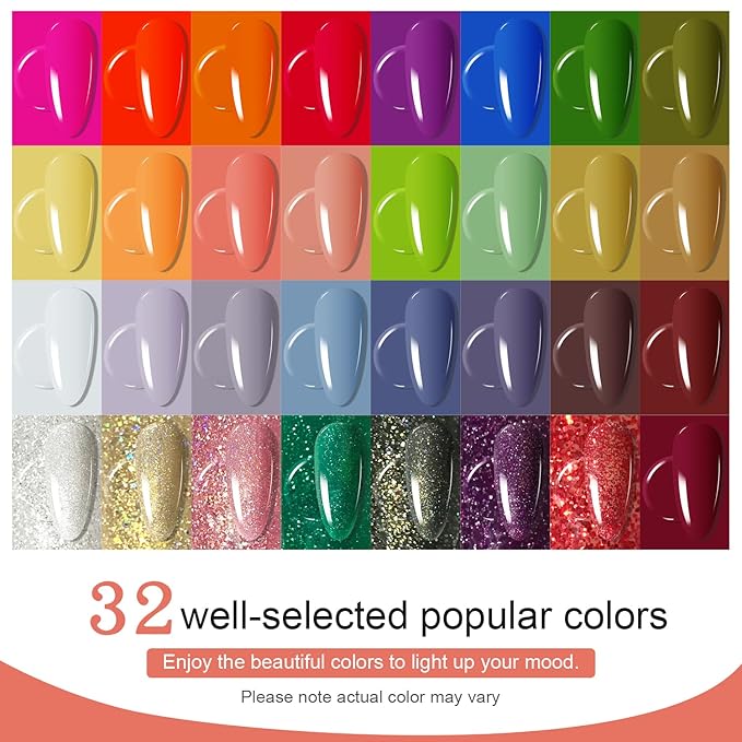 JODSONE Gel Nail Polish Kit with U V Light 32 Colors with Base Coat Matte Glitter Top Coat Gel Nail Set Manicure Salon Tools