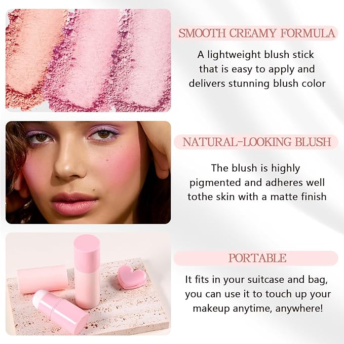 Boobeen Cream Blush Stick, Lightweight Buildable Blush Tint, Natural Matte Finish, Pink, 0.35 oz, Stick, Love Lazy Pink Peach