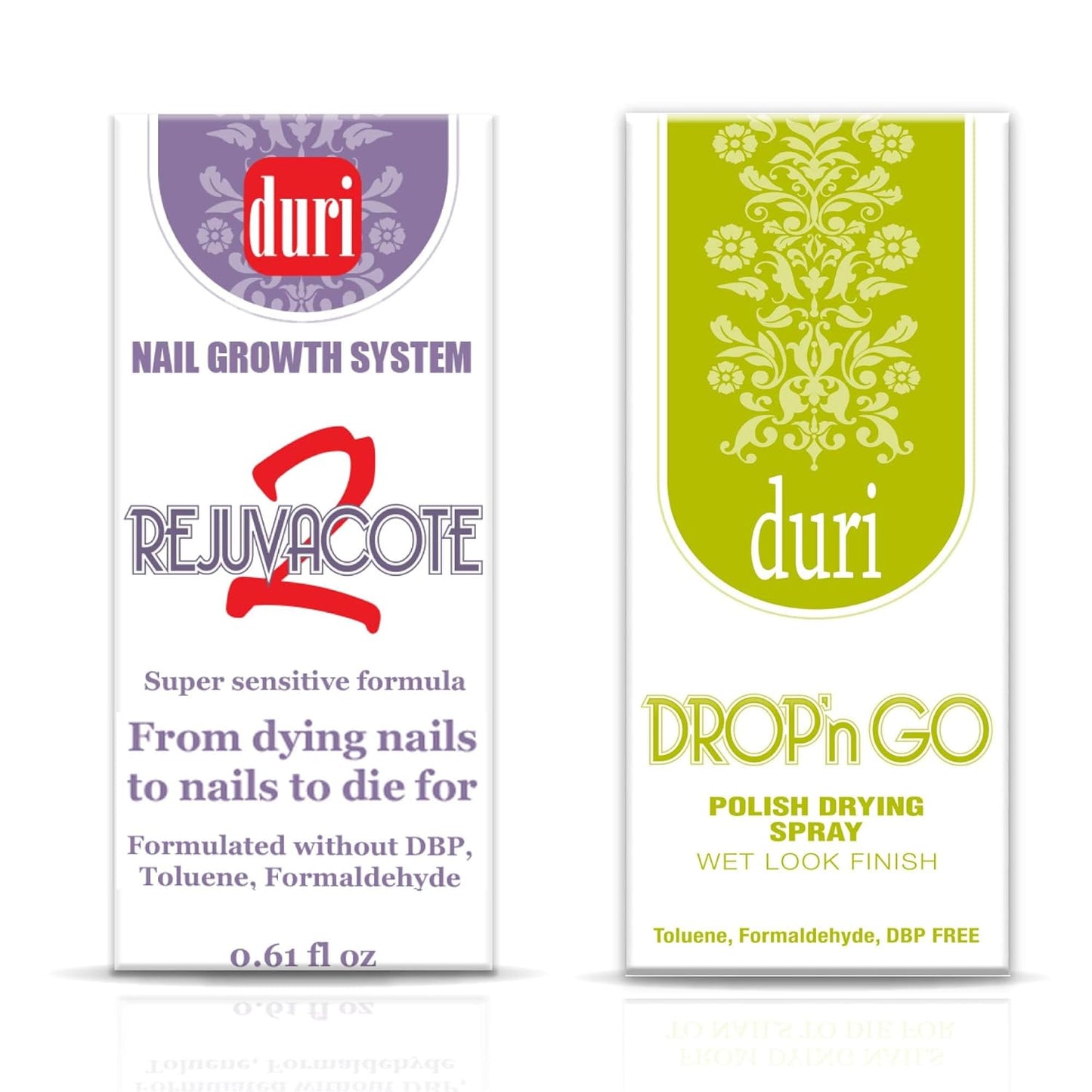duri Rejuvacote 2 Nail Growth System Base and Top Coat, Drop'n Go Nail Polish Drying Drops - Nails Hardening, Growth, Damage Repair, Chipping, Breaking and Brittle Treatment (0.61 fl.oz) Combo Pack