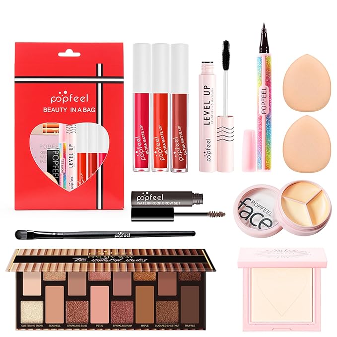 All in One Makeup Kit, Full Starter Essential Makeup Kit for Women Beginners Includes Eyeshadow Palette Lipgloss Mascara Eyeliner Eyebrow Pencil Concealer Powder Puff Set
