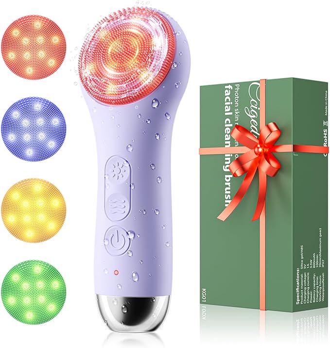 Facial Cleansing Brush: Rechargeable LED Electric Face Cleansing Brush with 4 Gentle Light Liquid Silicone Modes Face Scrubber Exfoliator,IPX7 Waterproof Ideal Gift for Men and Women-Purple