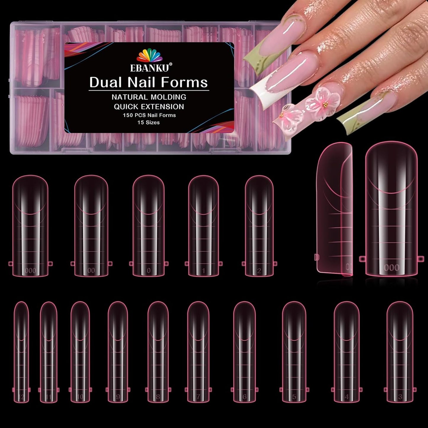 EBANKU Dual Nail Forms for Poly Extension Gel, 150 PCS Pink Nail Molds Reusable 15 Sizes Nail Extension Forms for Builder Gel Manicure Design Salon DIY