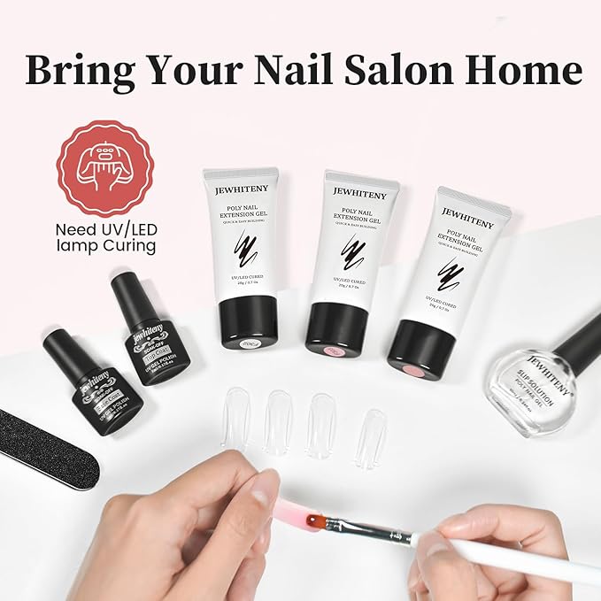 JEWHITENY Poly Nail Gel Set Clear Pink White Neutral Classic Color Poly Extension Gel With Base and Top Coat Slip Solution French Manicure for Home DIY Need U V Lamp Curing
