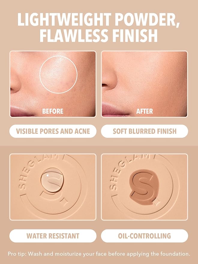 SHEGLAM SKin-Focus Full Coverage Powder Foundation Oil-Control Lightweight Face Pressed Powder Makeup-Caramel