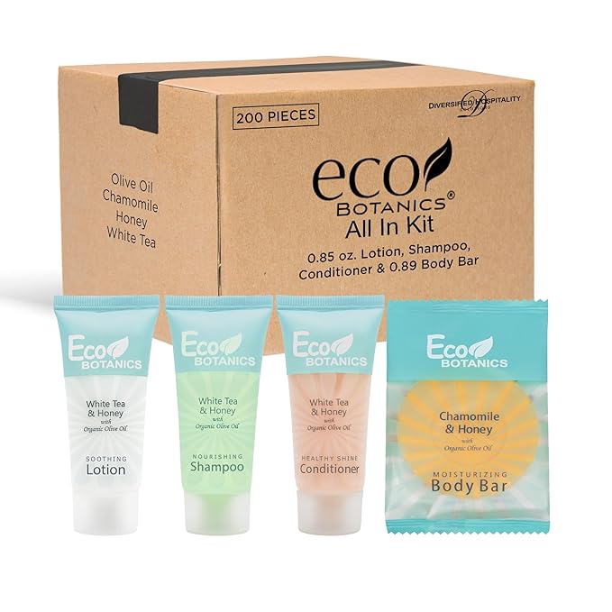Eco Botanics Hotel Soaps and Toiletries Bulk Set | 1-Shoppe All-In-Kit Amenities for Hotels & Airbnb | 0.85 oz Hotel Shampoo, Conditioner & Lotion, 0.89 oz Bar Soap Travel Size | 200 Pieces