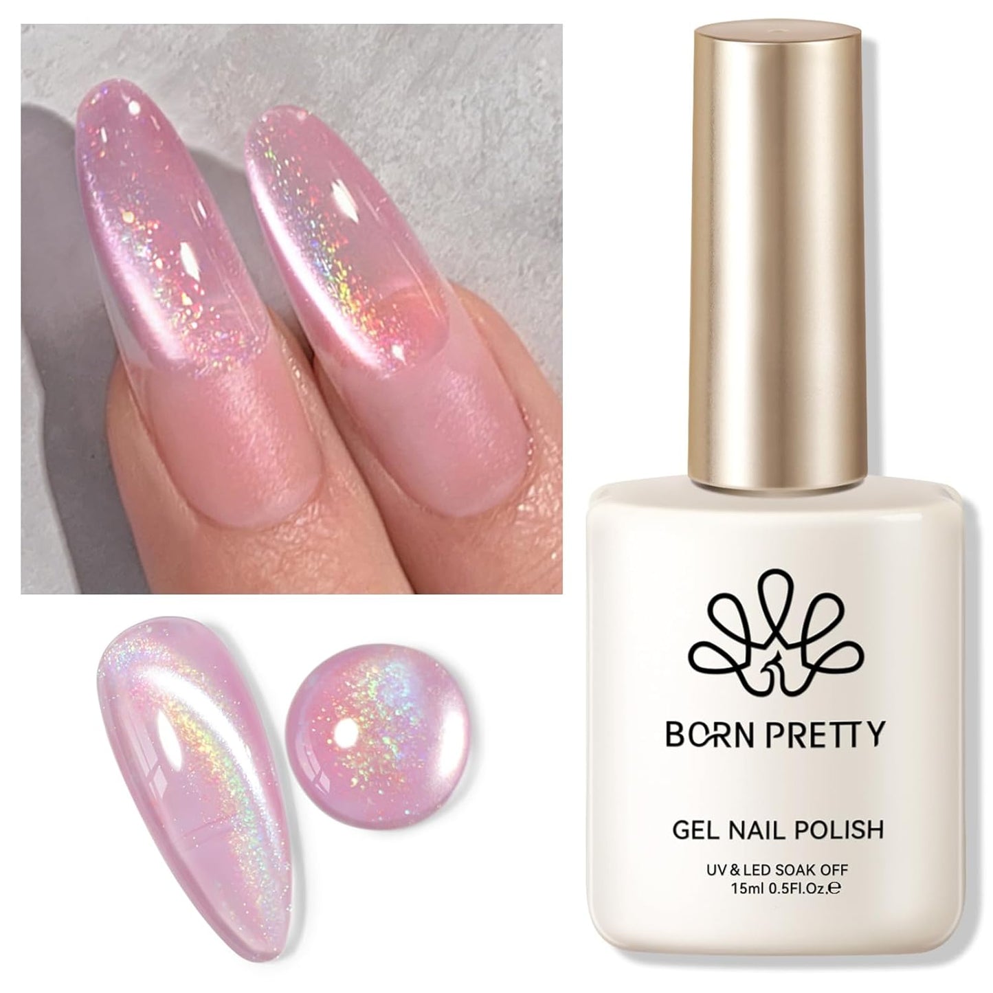 BORN PRETTY Pink Cat Magnetic Eye Gel Nail Polish Rainbow Holographic Moonlight Glass Magnetic Gel Nail Polish 15ML