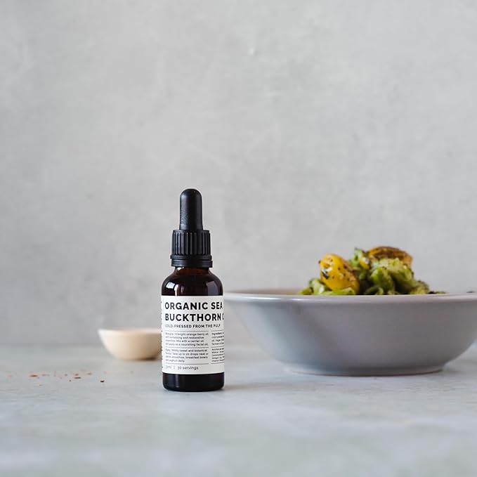 Erbology 100% Organic Sea Buckthorn Oil 1 fl oz - Cold-Pressed 50:1 - Rich in Omega-7 and Beta-carotene - Straight from Farm - Non-GMO - No Additives or Preservatives - Recyclable Glass Bottle