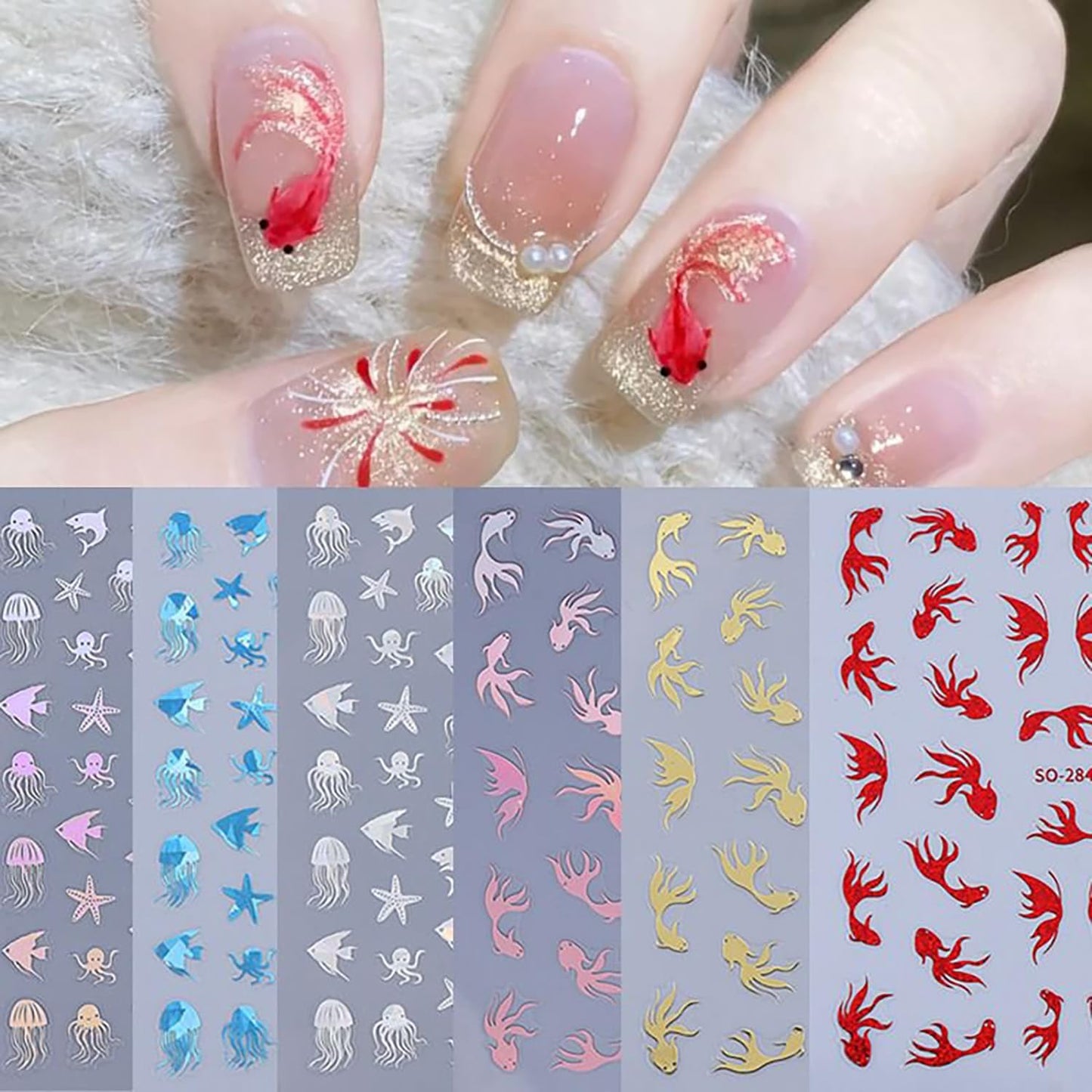 6 Sheets Ocean Animals Nail Art Stickers 3D Self -Adhesive Starfish Jellyfish Nail Decals Holographic Cute Koi Fish Octopus Nail Stickers Summer Nail Decoration for Women Manicure Supplies