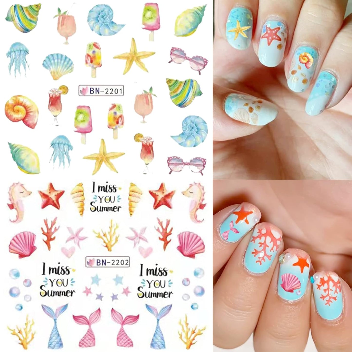 36 Sheets Summer Nail Art Stickers, Ocean Anchor Water Transfer Nail Decals, Shark Seashell Sea Turtle Design DIY Manicure Decorations for Girls Women