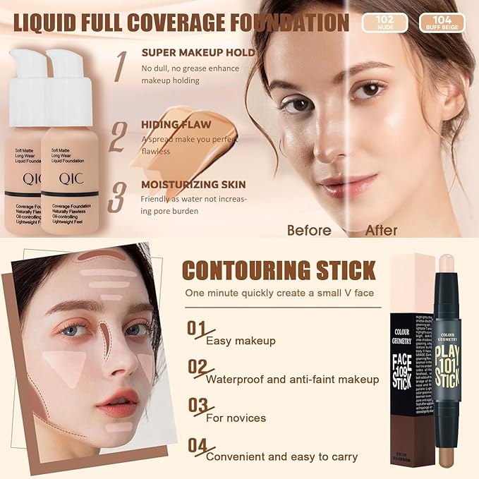 All in One Makeup Kit,Includes Naked Eyeshadow Palette,Liquid Foundation,Lipstick Set,Mascara,Makeup Brush,Makeup Sponge,Eyebrow Pencil,Eyebrow Soap,Eyeliner Stamp, Primer,Contour Stick,Cosmetic Bag