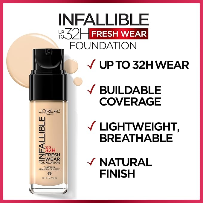L'Oreal Paris Makeup Infallible Up to 32 Hour Fresh Wear Lightweight Foundation, 480 Radiant Sand, 1 Fl Oz, Packaging May Vary
