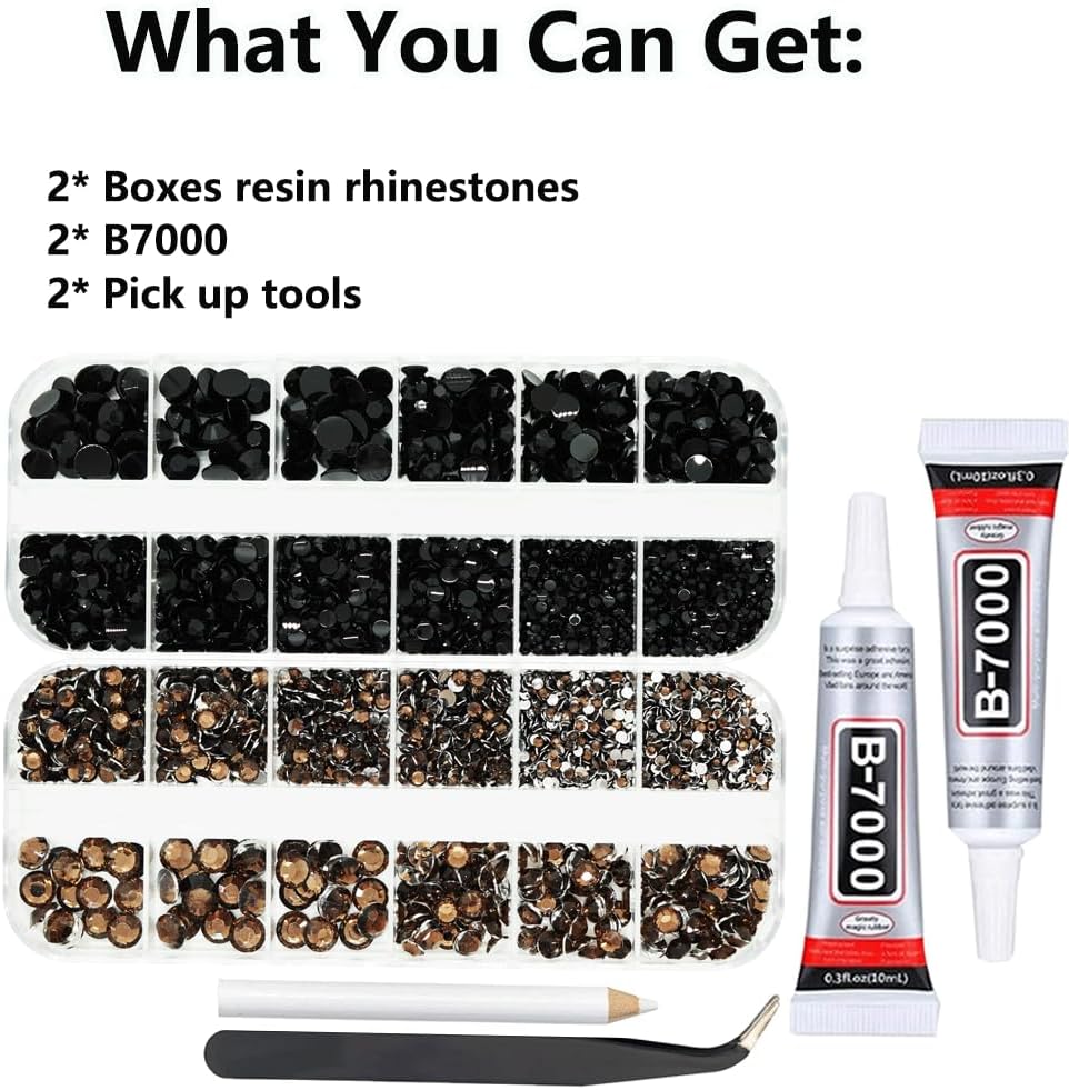 Black and Brown Rhinestones with Glue(S8-S30) for Bedazzling,2mm-6mm Non-Hotfix Flatback Nail Gems Beads with B7000, Resin Nail GemsStones Diamond Kit for Bedazzle Crafting, Nails DIY Art Decoration