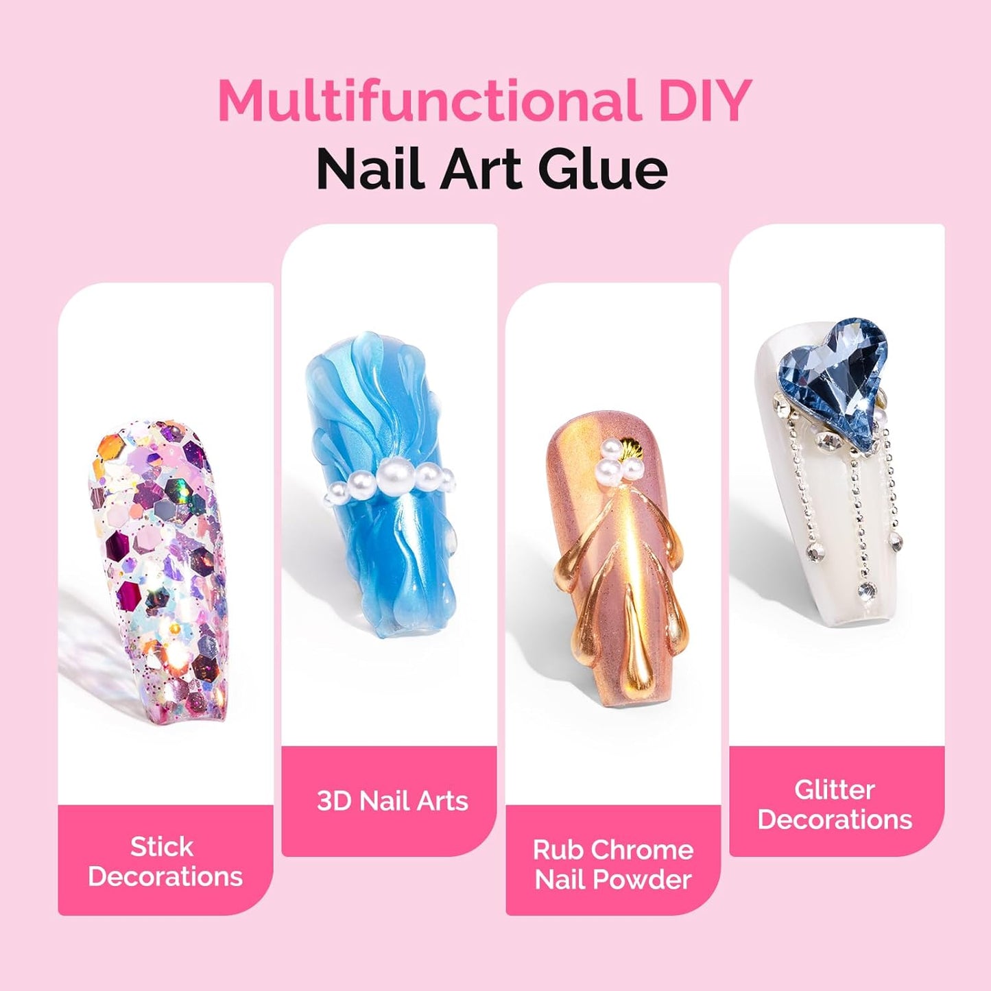 MelodySusie 2Pcs Nail Rhinestone Glue for Nails Super Strong Gel for Nail Charms Gems 3D Nail Gel UV Nail Glue for Nail Art Design Nail Chrome Powder