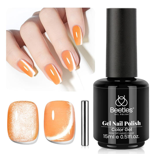 Beetles Orange Cat Eye Gel Polish, 15ML Orange Cat Eye Glitter Gel Polish with Magnet Soak Off UV Shimmer Velvet Gel Twilight Glow Series French Nail Art Design Manicure Gifts for Women