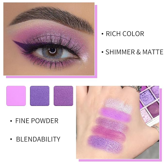 Erinde 9 Colors Purple Pink Lavender Glitter Shimmer Matte Eye Shadow Palette Makeup, Highly Pigmented Waterproof Violet Mauve Dark Purple Silver Pearl White Shimmer Sparkling Party Eyeshadow Palette