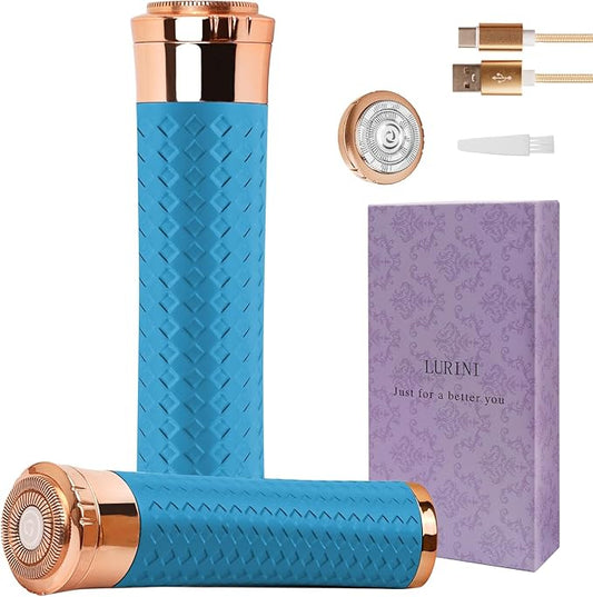 Facial Hair Remover for Women, Painless Rechargeable Hair Removal Device, Comes with 2 Replacement Heads, Portable Electric Shaver/Razors for Face, Chin, Upper Lip, arms (Sky Blue)