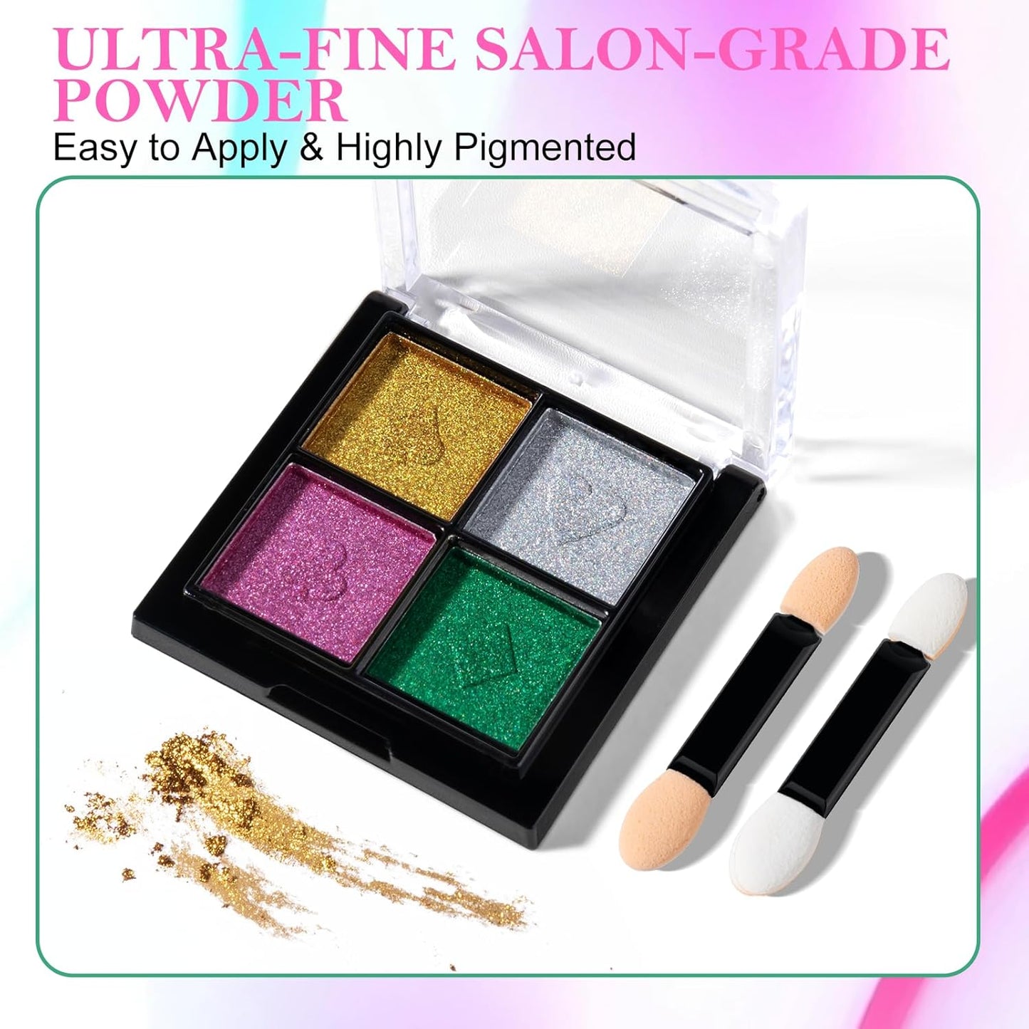 NXJ INFILILA Holographic Chrome Nail Powder, 4 Colors Gold, Silver, Pink, Green Rainbow Unicorn Iridescent Glitter Pigment Dust for Nail Art Design Professional Salon & Home Use