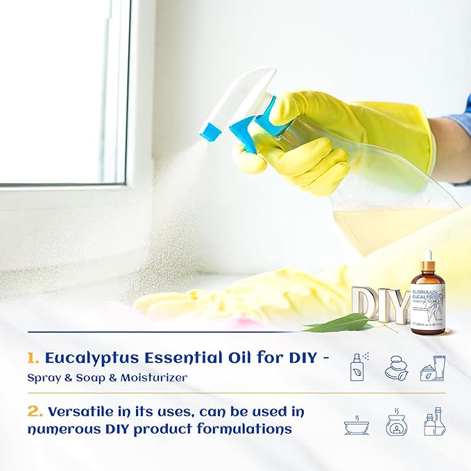 HIQILI 100ML Eucalyptus Essential Oil for Spray, Diffuser & Skin, 100% Pure Undiluted - 3.38 Fl Oz