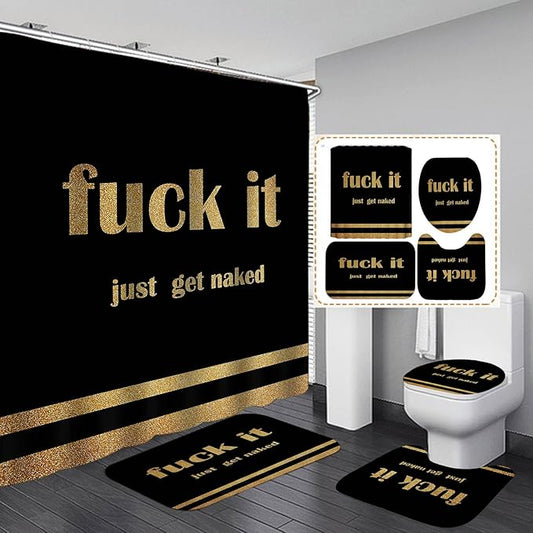 4PCS Gold Glitter Get Naked Shower Curtain Set, Funny Quote Stripe Luxury Glam Modern Dorm Bathroom Decor, Waterproof Fabric Black Shower Curtain, Non-Slip Bath Mat Toilet Rug, Just Get Naked