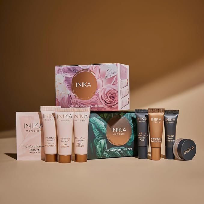 INIKA Organic Foundation Trial Set, Natural Mineral essentials kit, Vegan, Cruelty-Free, Paraben-Free, Rich in Antioxidants and Essential Fatty Acids, Comes in Sustainable Packaging - Tan