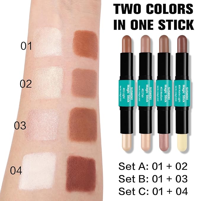 Contour Stick, 2Pcs Dual-Ended Highlighter Makeup Pen & Contouring Stick for Face Shaping, Long Lasting Waterproof Cream Bronzer & Highlight Sticks Make Up Kit for All Skin Tones (01# + 02#)