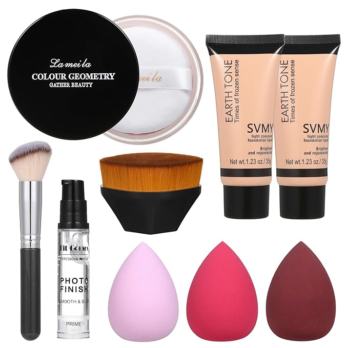Foundation Liquid Full Coverage Matte Oil Control Concealer with Face Primer & Makeup Brush & Makeup Sponges