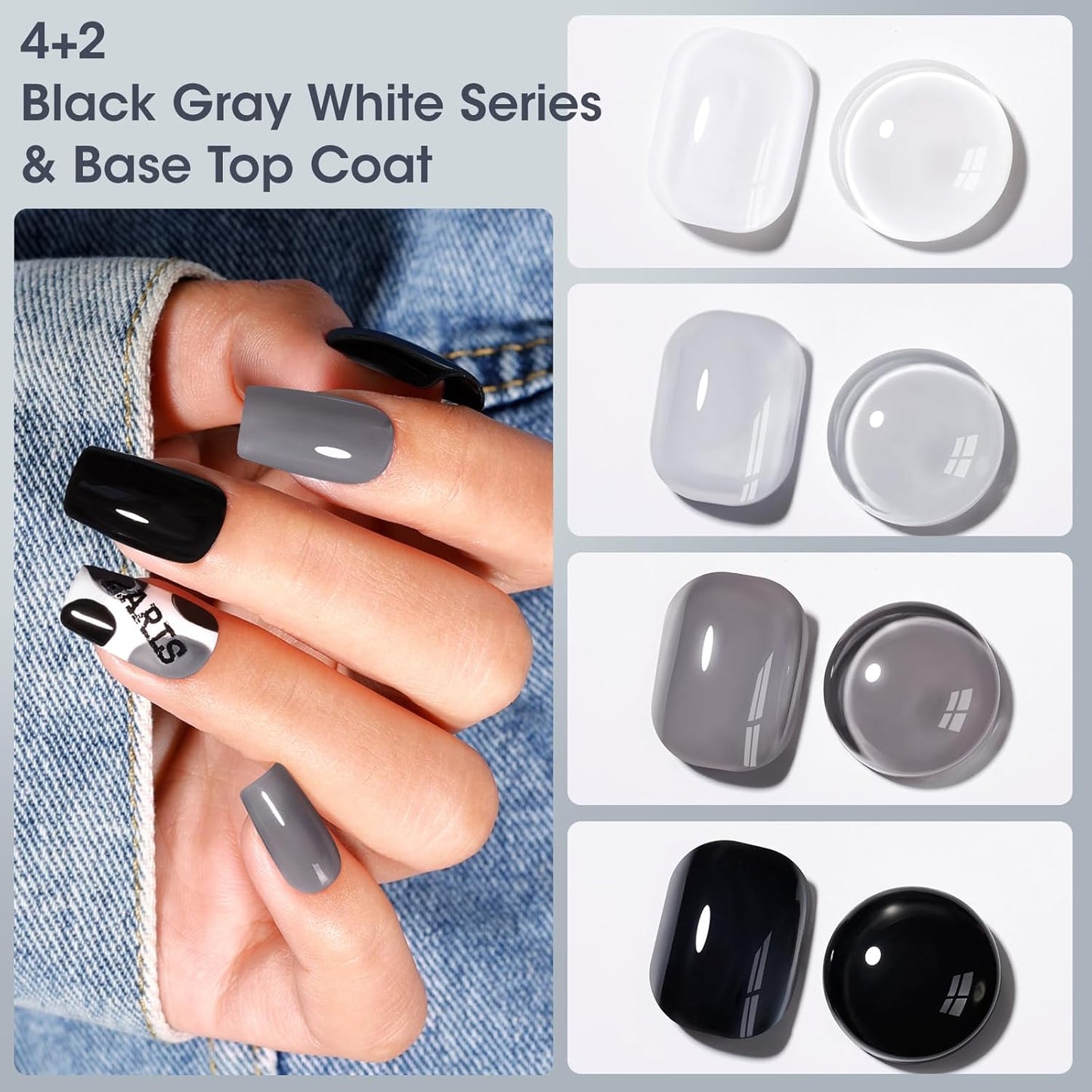 Gellen 4 Colors Black White Gray Nail Polish Set & Base Top Coat, Fall Winter Trendy Winter Black White Grey Regular Nail Polish Quick Air Dry Set for Women DIY Nails Home Salon, Hema Free, Toxin Free